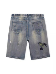 2XL-8XL Plus Size Stretch Patch Denim Shorts With Embroidered Holes