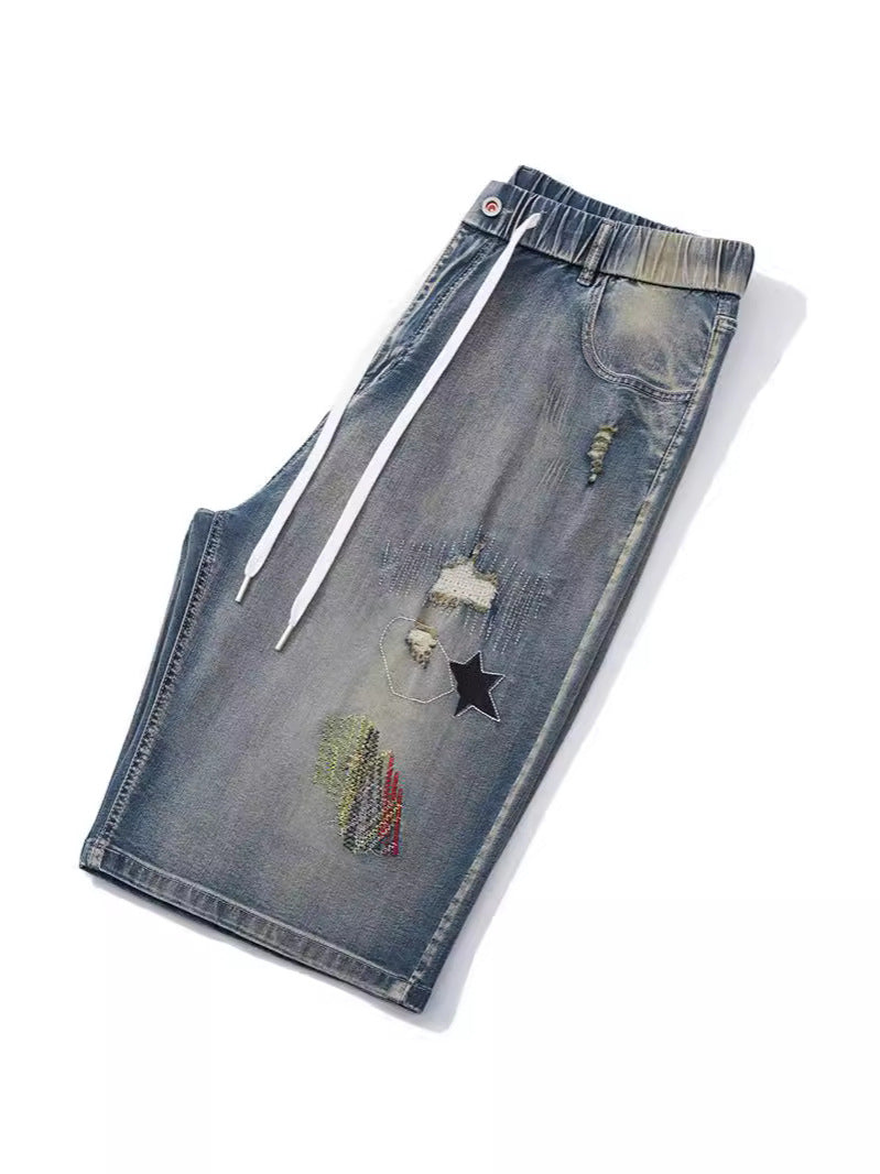 2XL-8XL Plus Size Stretch Patch Denim Shorts With Embroidered Holes