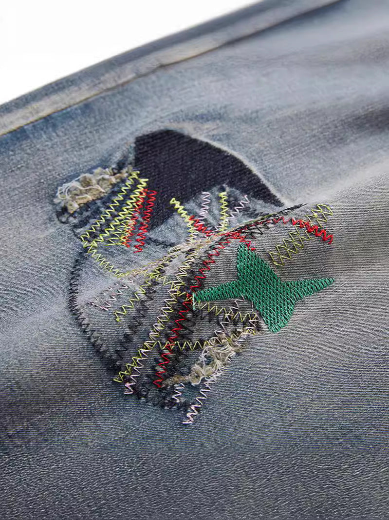 2XL-8XL Plus Size Stretch Patch Denim Shorts With Embroidered Holes