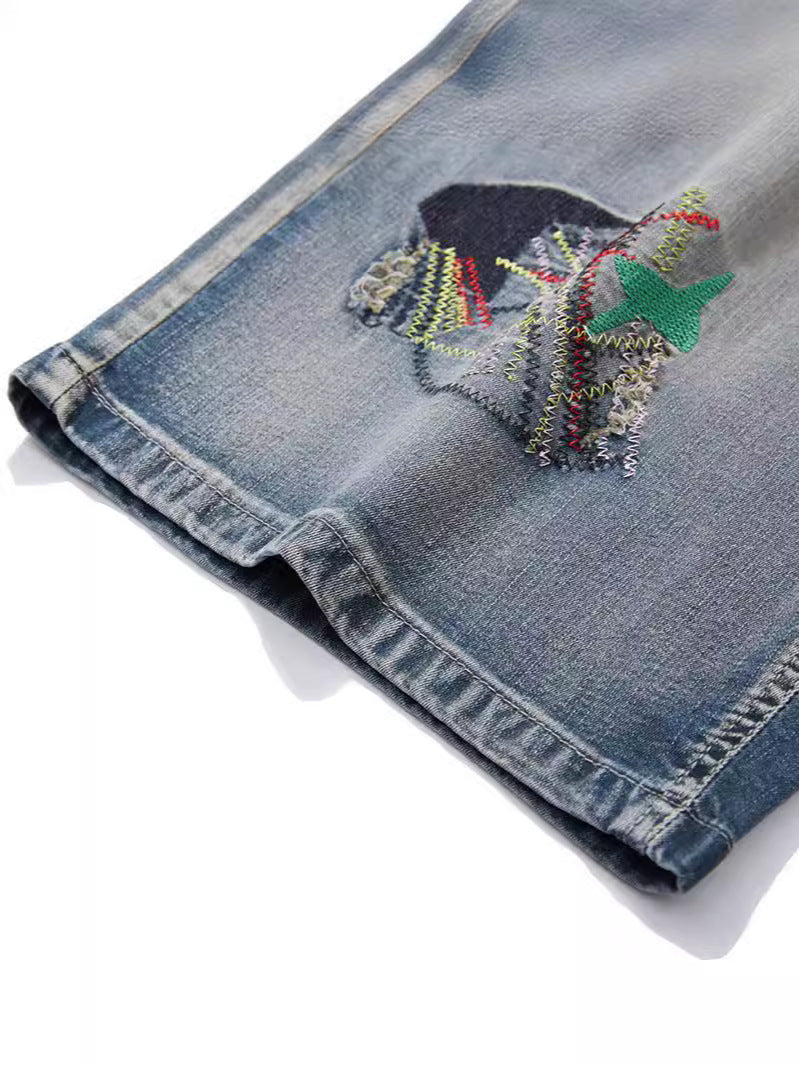 2XL-8XL Plus Size Stretch Patch Denim Shorts With Embroidered Holes