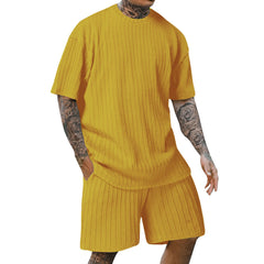 S-3XL Men's Sports Solid Color Round Neck Vertical Print T-Shirt Shorts