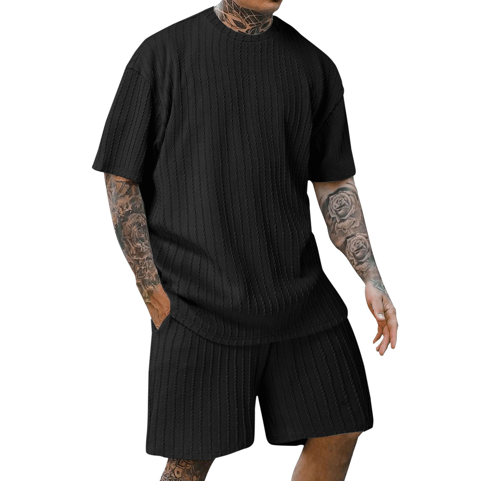 S-3XL Men's Sports Solid Color Round Neck Vertical Print T-Shirt Shorts