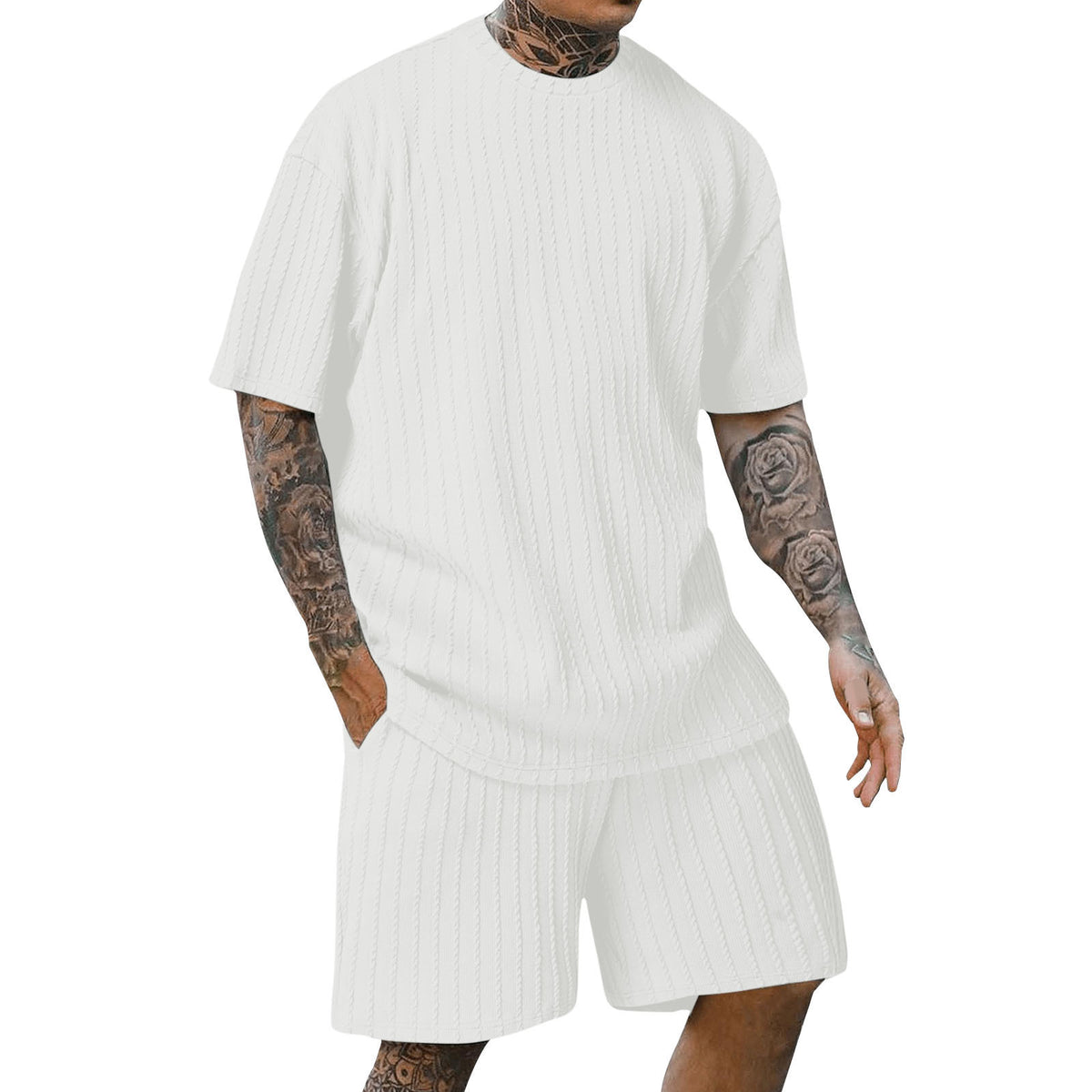 S-3XL Men's Sports Solid Color Round Neck Vertical Print T-Shirt Shorts