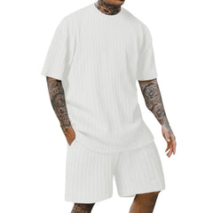 S-3XL Men's Sports Solid Color Round Neck Vertical Print T-Shirt Shorts