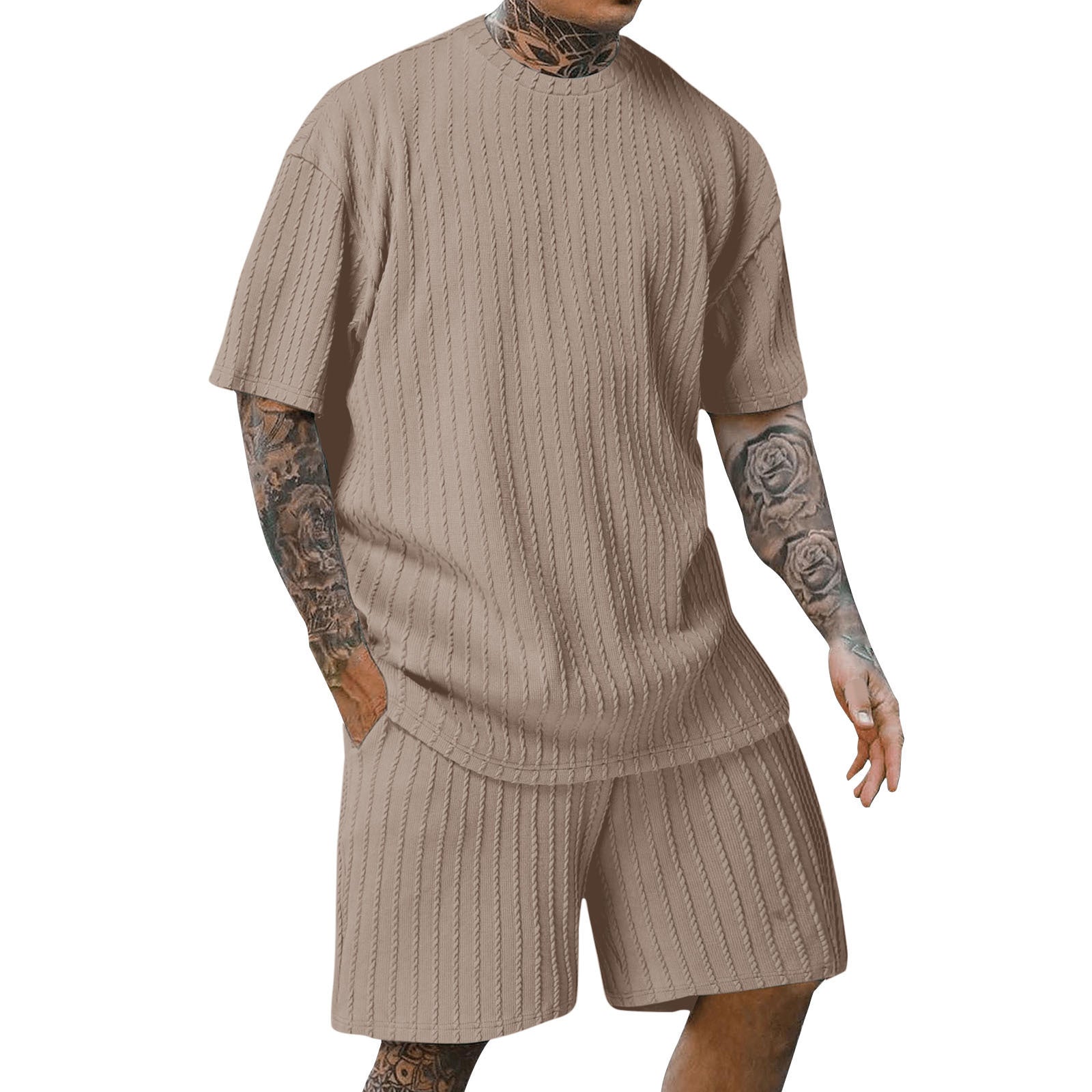 S-3XL Men's Sports Solid Color Round Neck Vertical Print T-Shirt Shorts