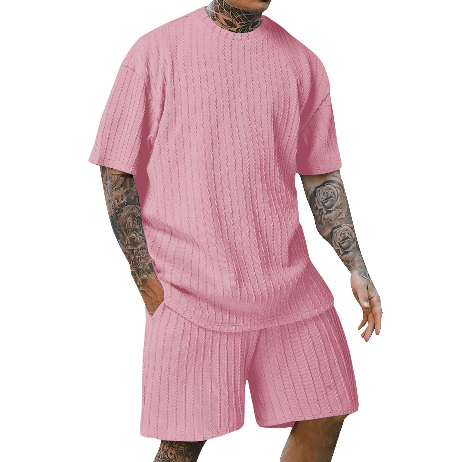 S-3XL Men's Sports Solid Color Round Neck Vertical Print T-Shirt Shorts