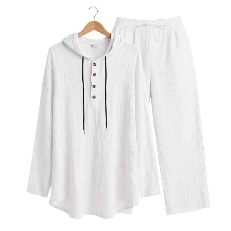 S-3XL Linen Hooded Henley Collar Long Sleeve Trousers Set