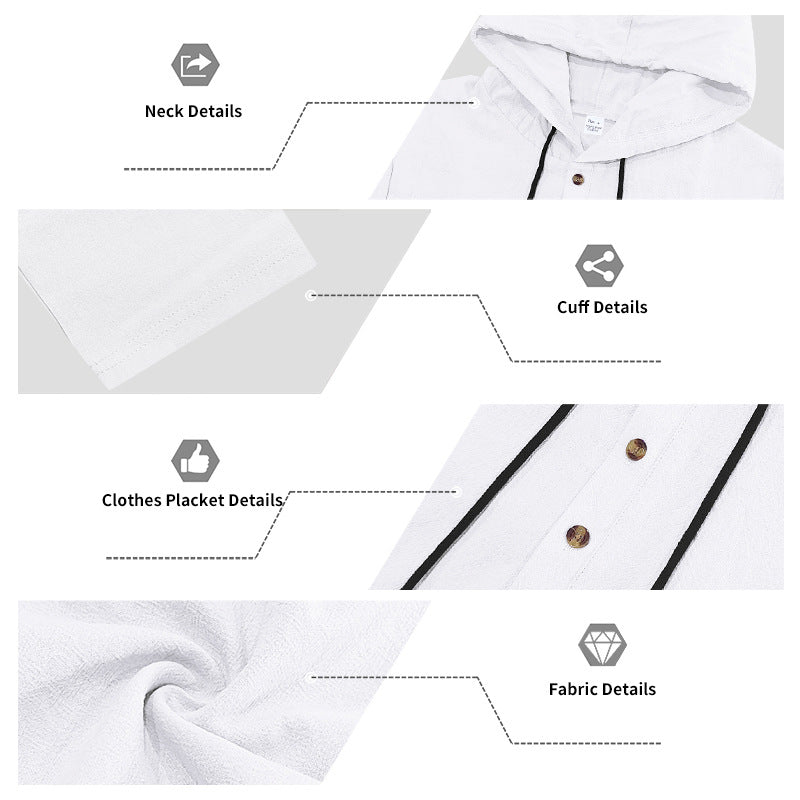 S-3XL Linen Hooded Henley Collar Long Sleeve Trousers Set