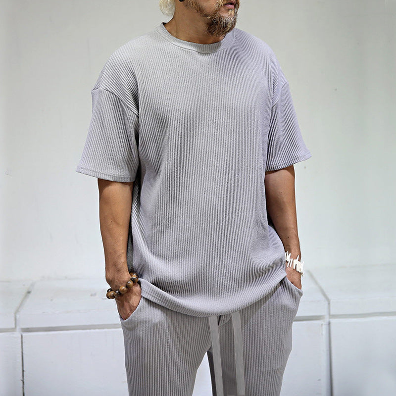 S-3XL Men's Vertical Stripe Sports Casual Crewneck Set