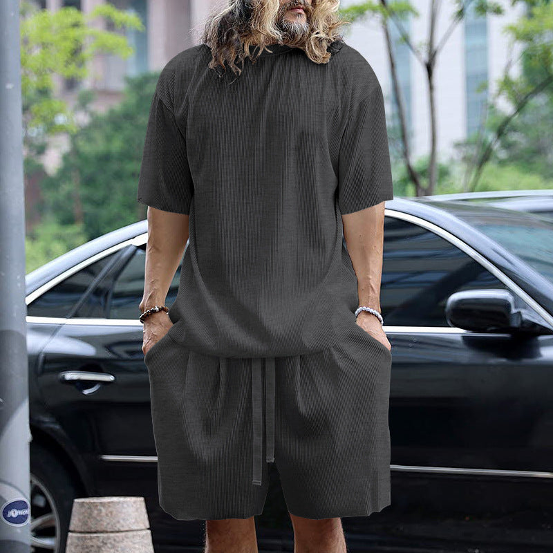 S-3XL Men's Vertical Stripe Sports Casual Crewneck Set