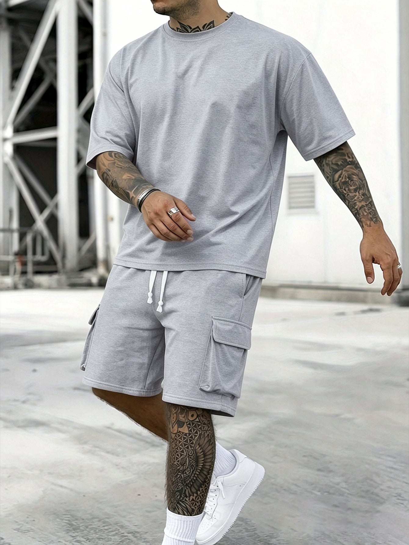 S-3XL Men's Sports T-shirt Workwear Shorts Casual Suit