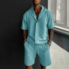 S-3XL Casual Men's Two-Piece Hooded Shirt Shorts Set