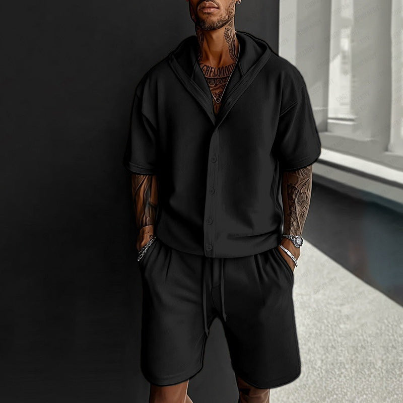 S-3XL Casual Men's Two-Piece Hooded Shirt Shorts Set