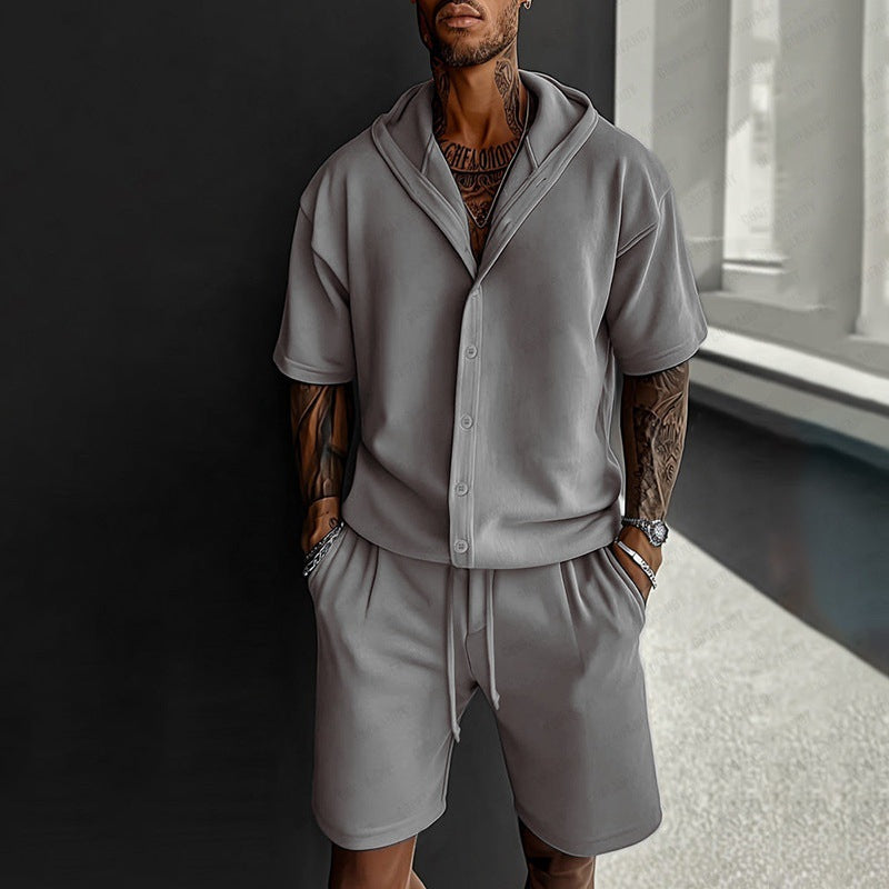 S-3XL Casual Men's Two-Piece Hooded Shirt Shorts Set