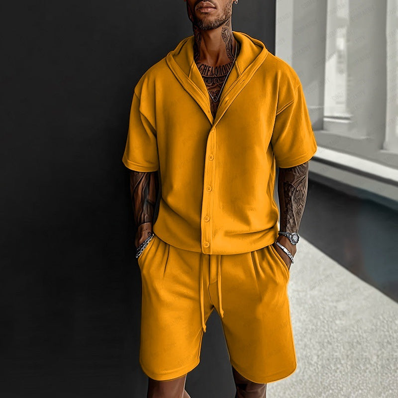 S-3XL Casual Men's Two-Piece Hooded Shirt Shorts Set
