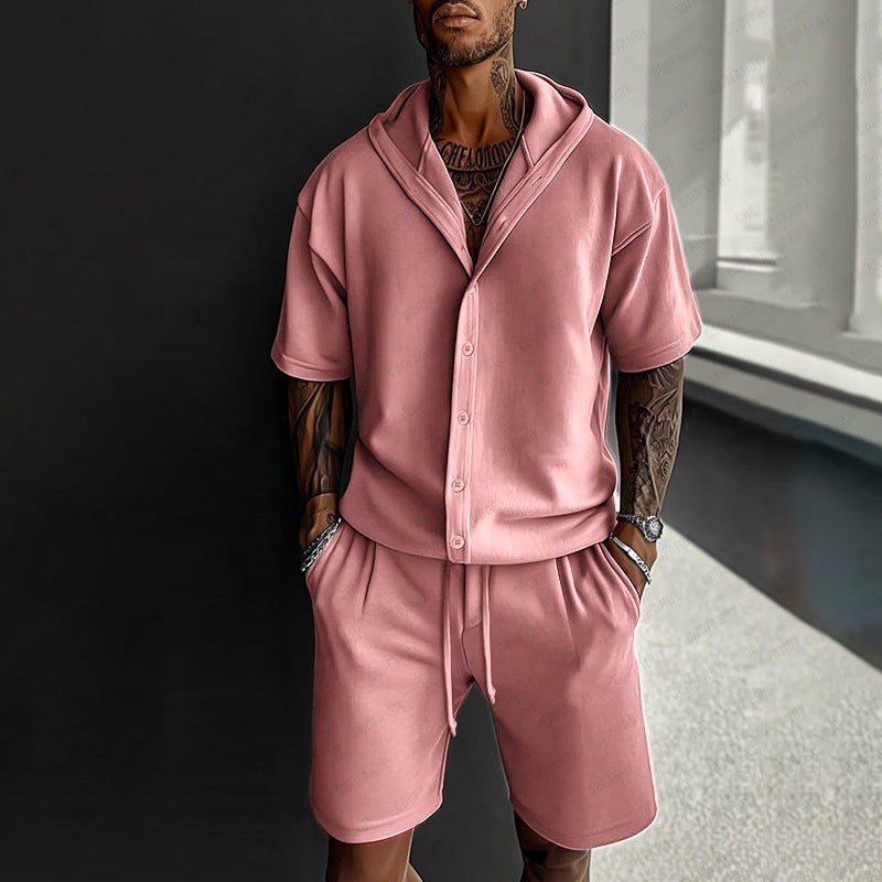 S-3XL Casual Men's Two-Piece Hooded Shirt Shorts Set