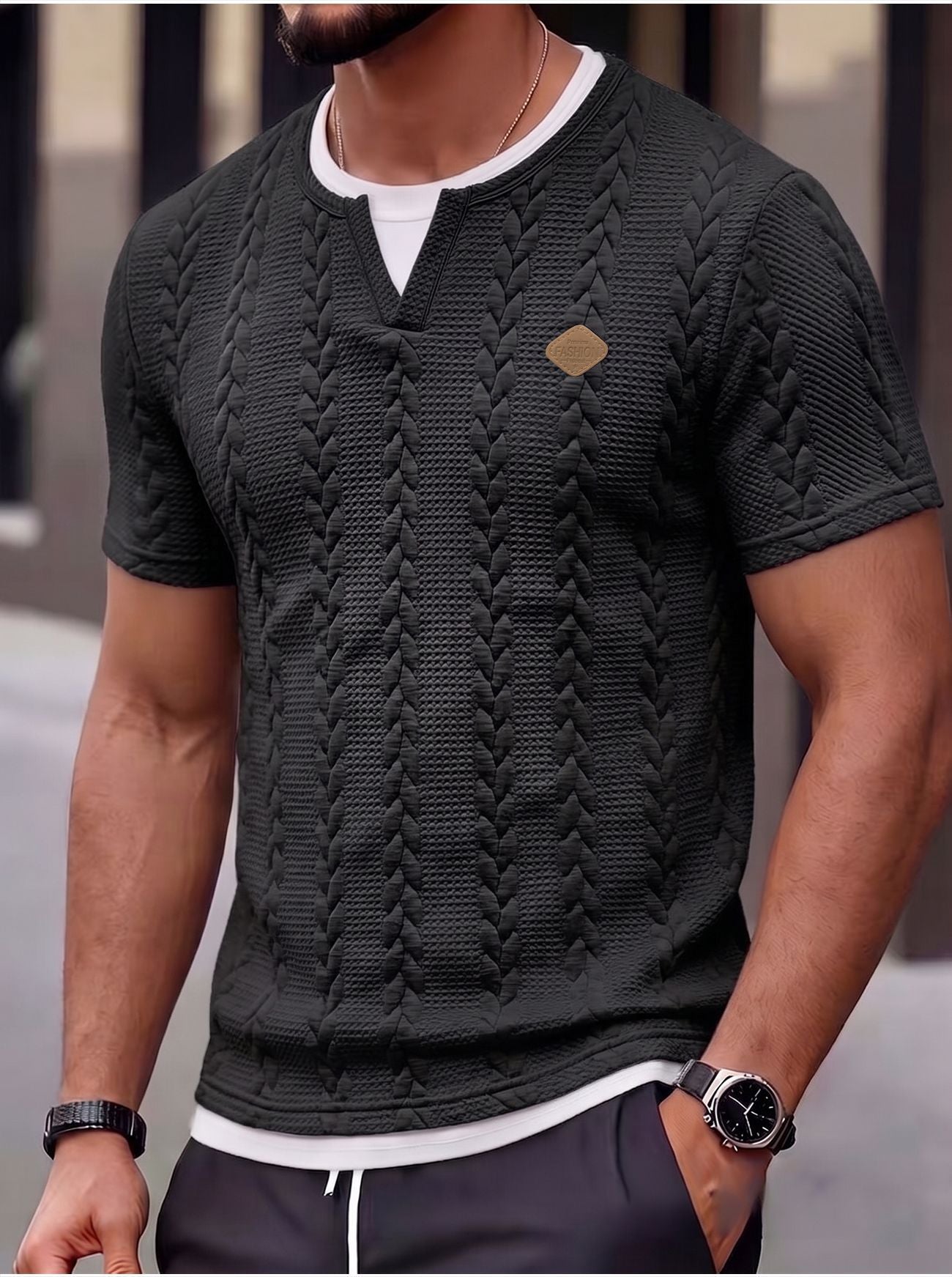 S-3XL Texture Jacquard Fake Two-piece Short-sleeved T-shirt