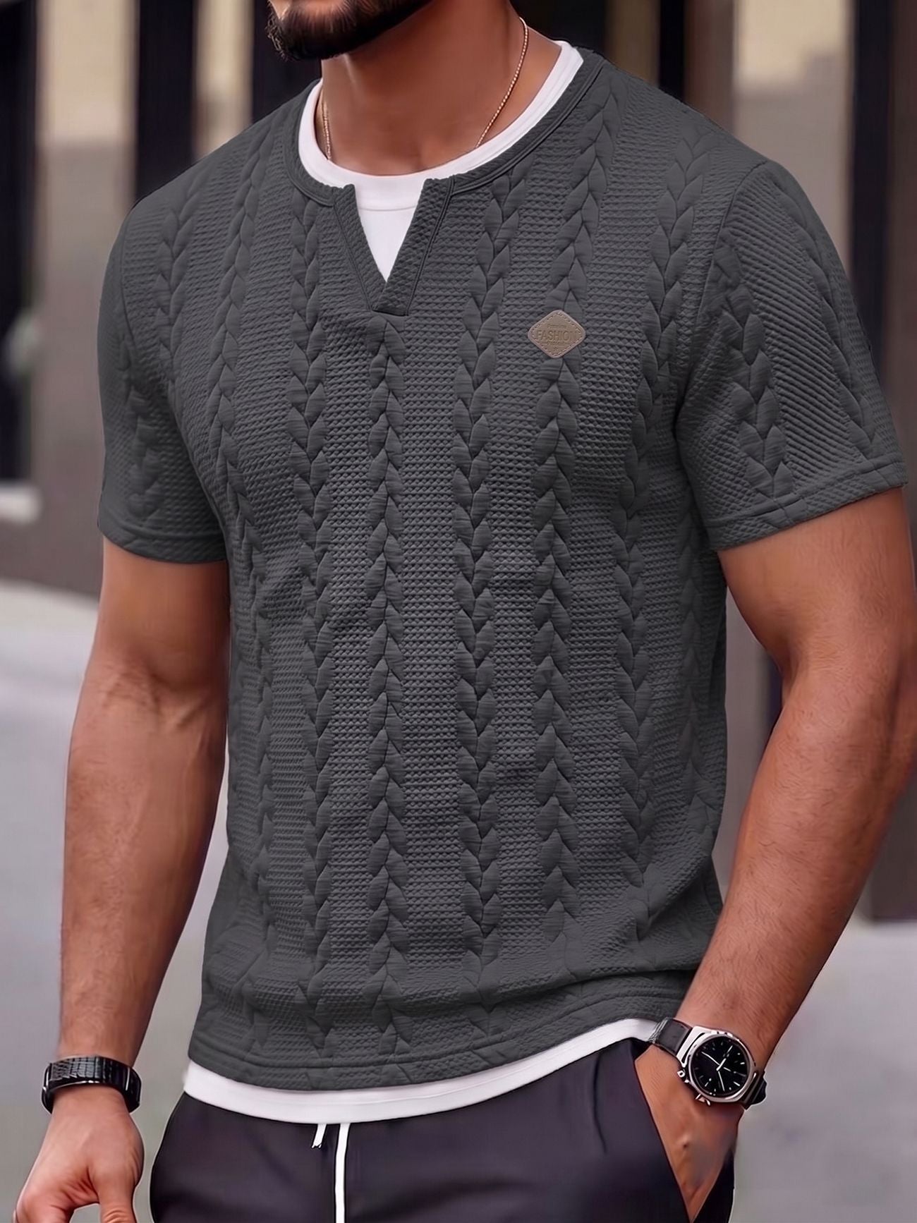S-3XL Texture Jacquard Fake Two-piece Short-sleeved T-shirt