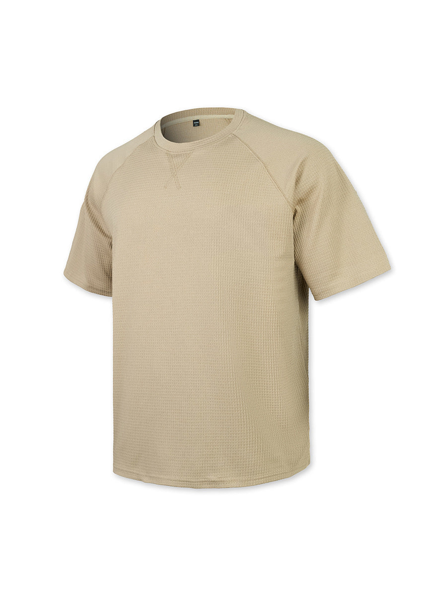 S-3XL Waffled Solid Color Embroidered Raglan Crewneck Casual T-Shirt