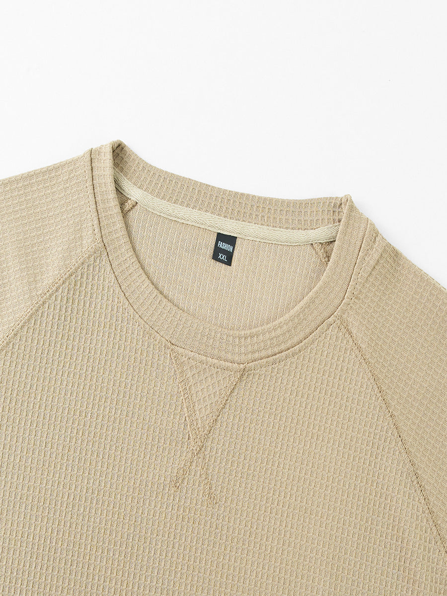 S-3XL Waffled Solid Color Embroidered Raglan Crewneck Casual T-Shirt