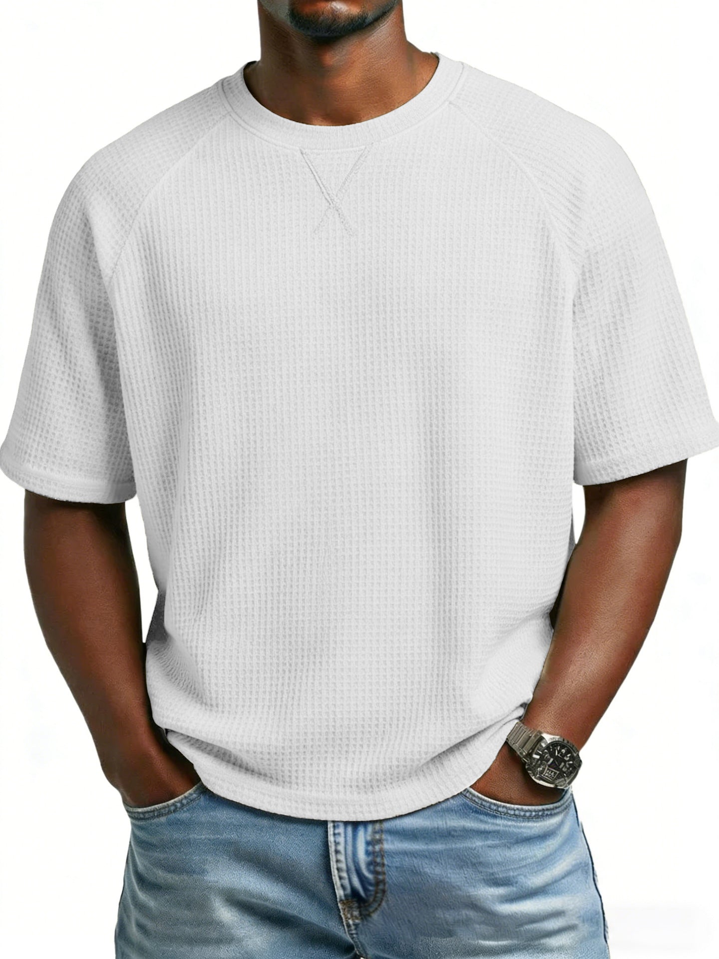 S-3XL Waffled Solid Color Embroidered Raglan Crewneck Casual T-Shirt