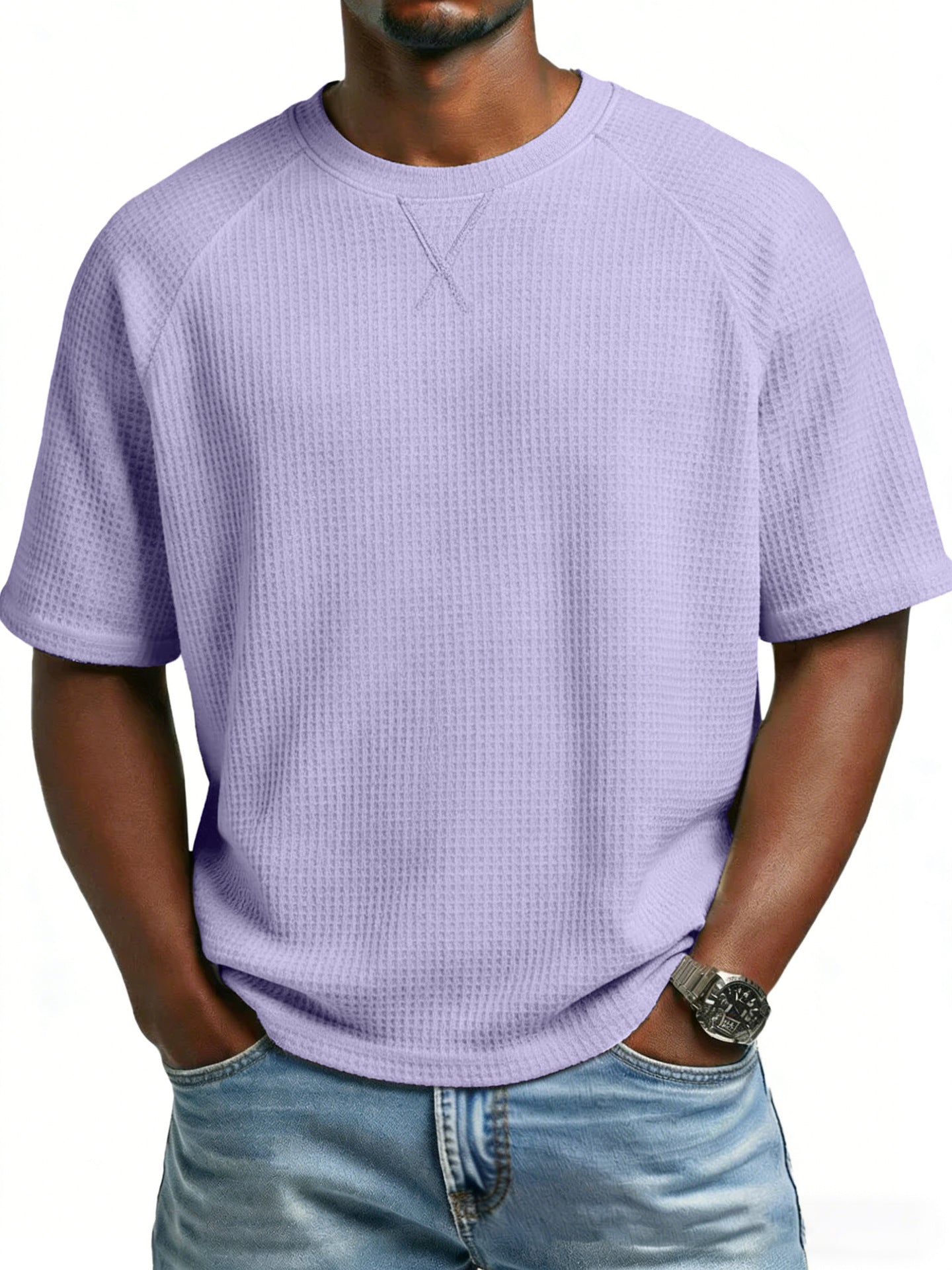 S-3XL Waffled Solid Color Embroidered Raglan Crewneck Casual T-Shirt
