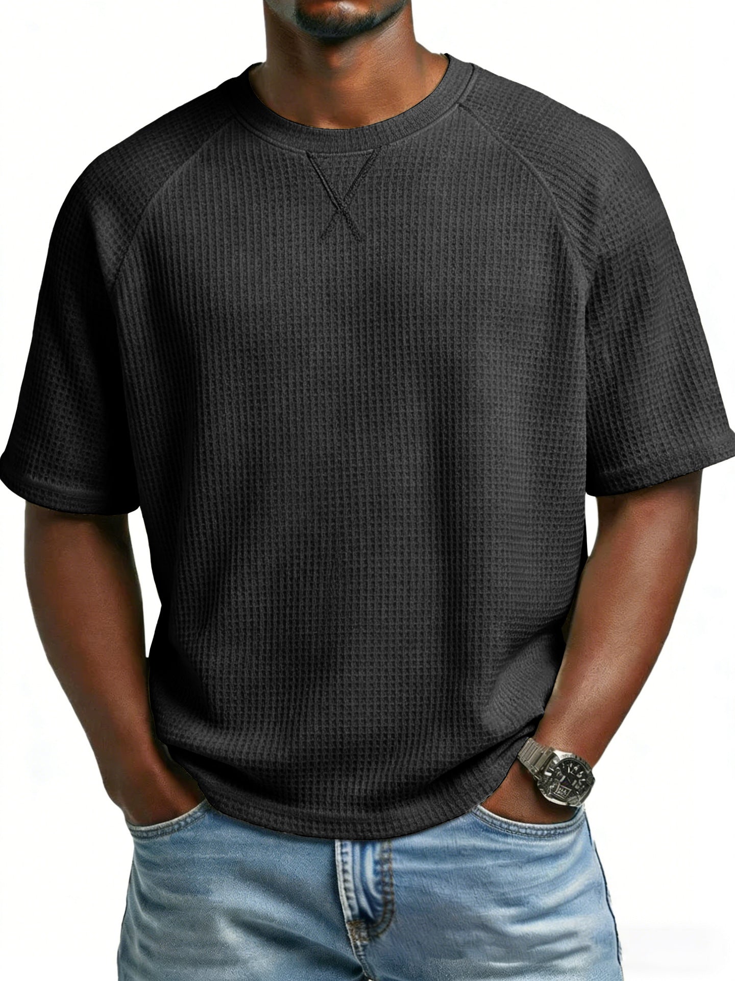 S-3XL Waffled Solid Color Embroidered Raglan Crewneck Casual T-Shirt