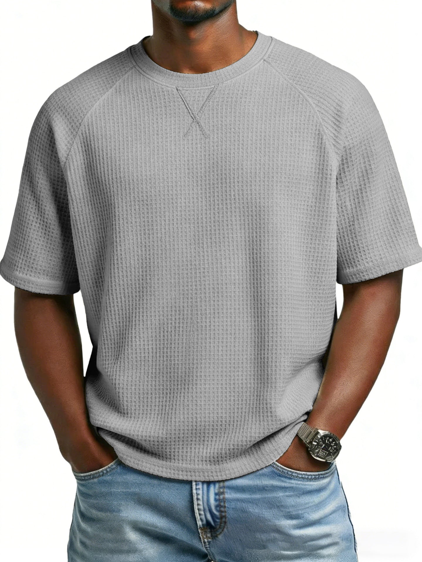 S-3XL Waffled Solid Color Embroidered Raglan Crewneck Casual T-Shirt