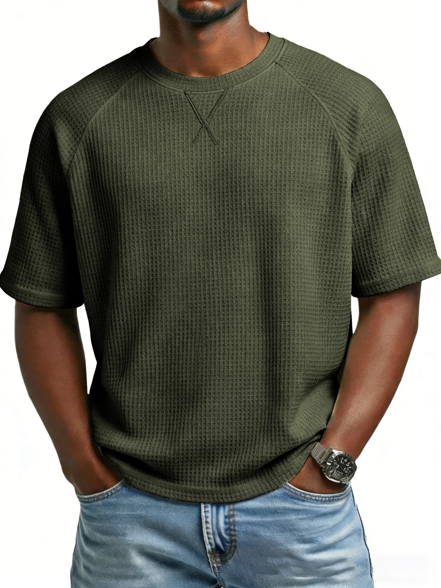 S-3XL Waffled Solid Color Embroidered Raglan Crewneck Casual T-Shirt