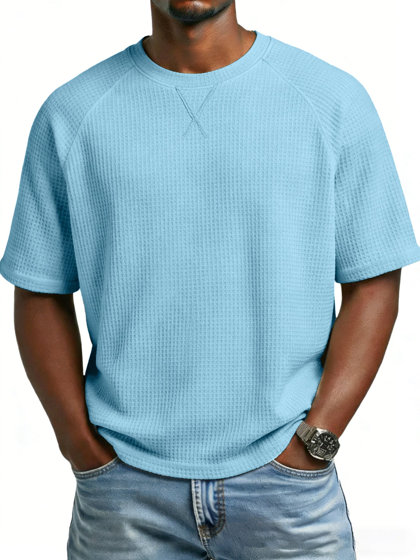 S-3XL Waffled Solid Color Embroidered Raglan Crewneck Casual T-Shirt