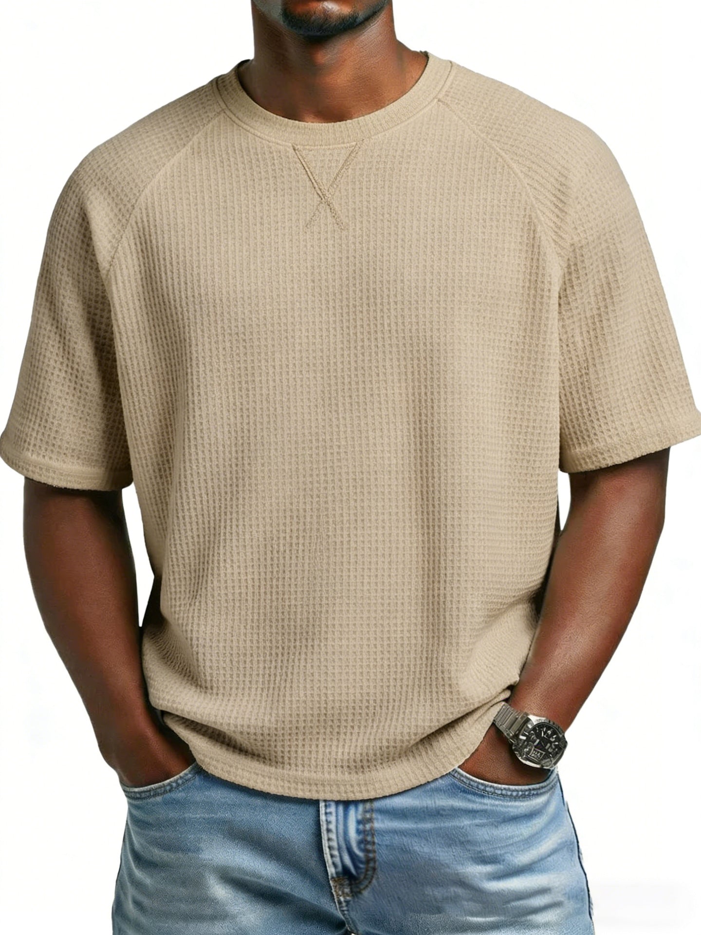 S-3XL Waffled Solid Color Embroidered Raglan Crewneck Casual T-Shirt