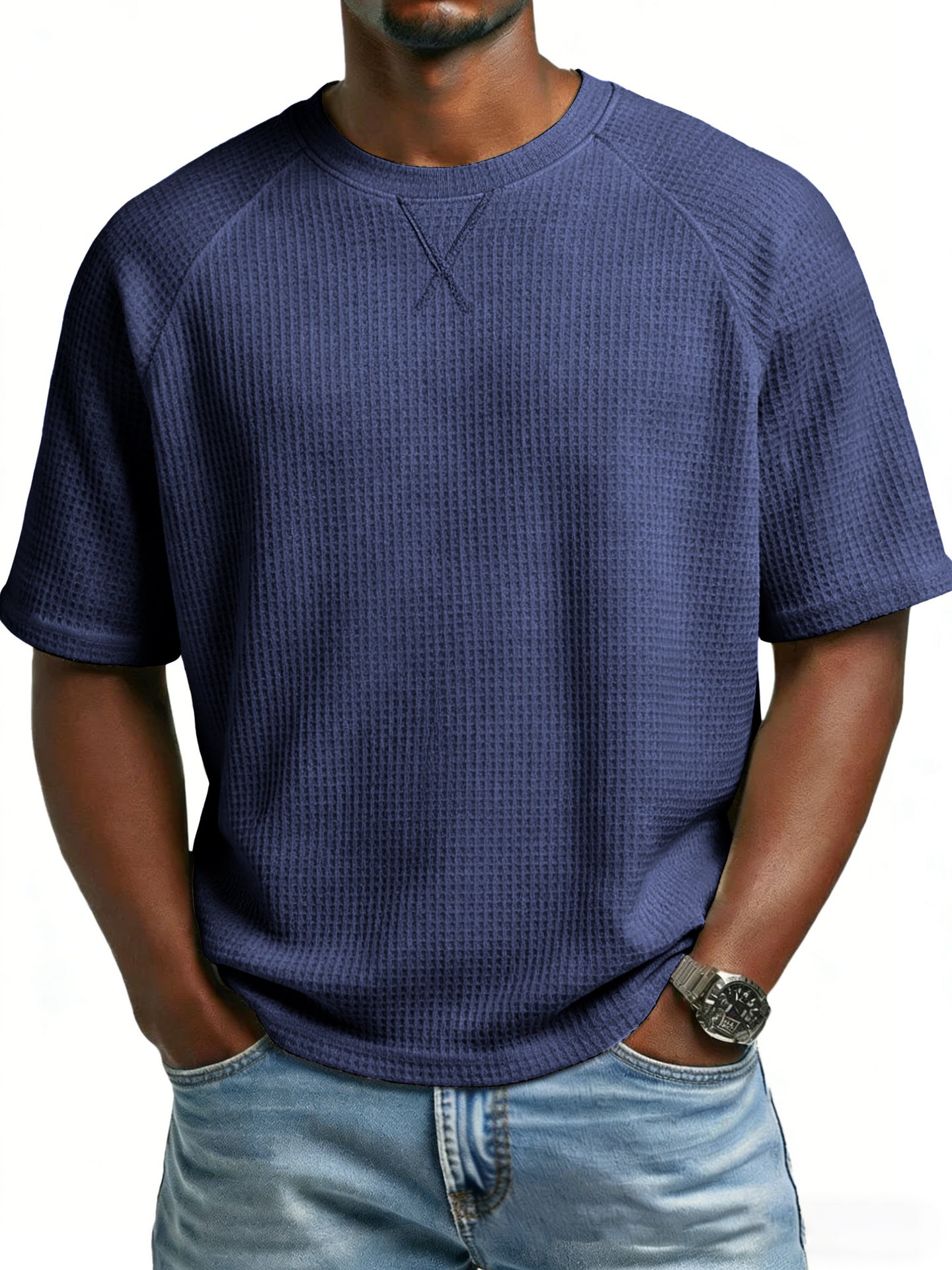 S-3XL Waffled Solid Color Embroidered Raglan Crewneck Casual T-Shirt