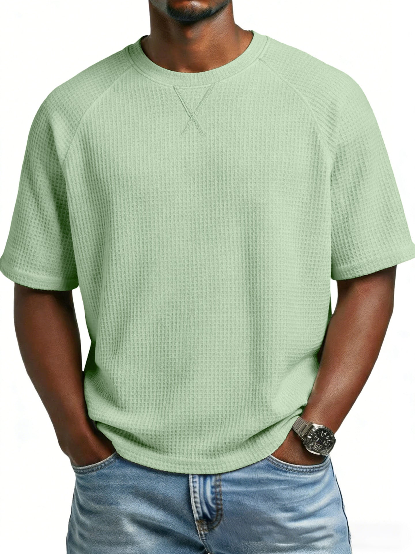 S-3XL Waffled Solid Color Embroidered Raglan Crewneck Casual T-Shirt