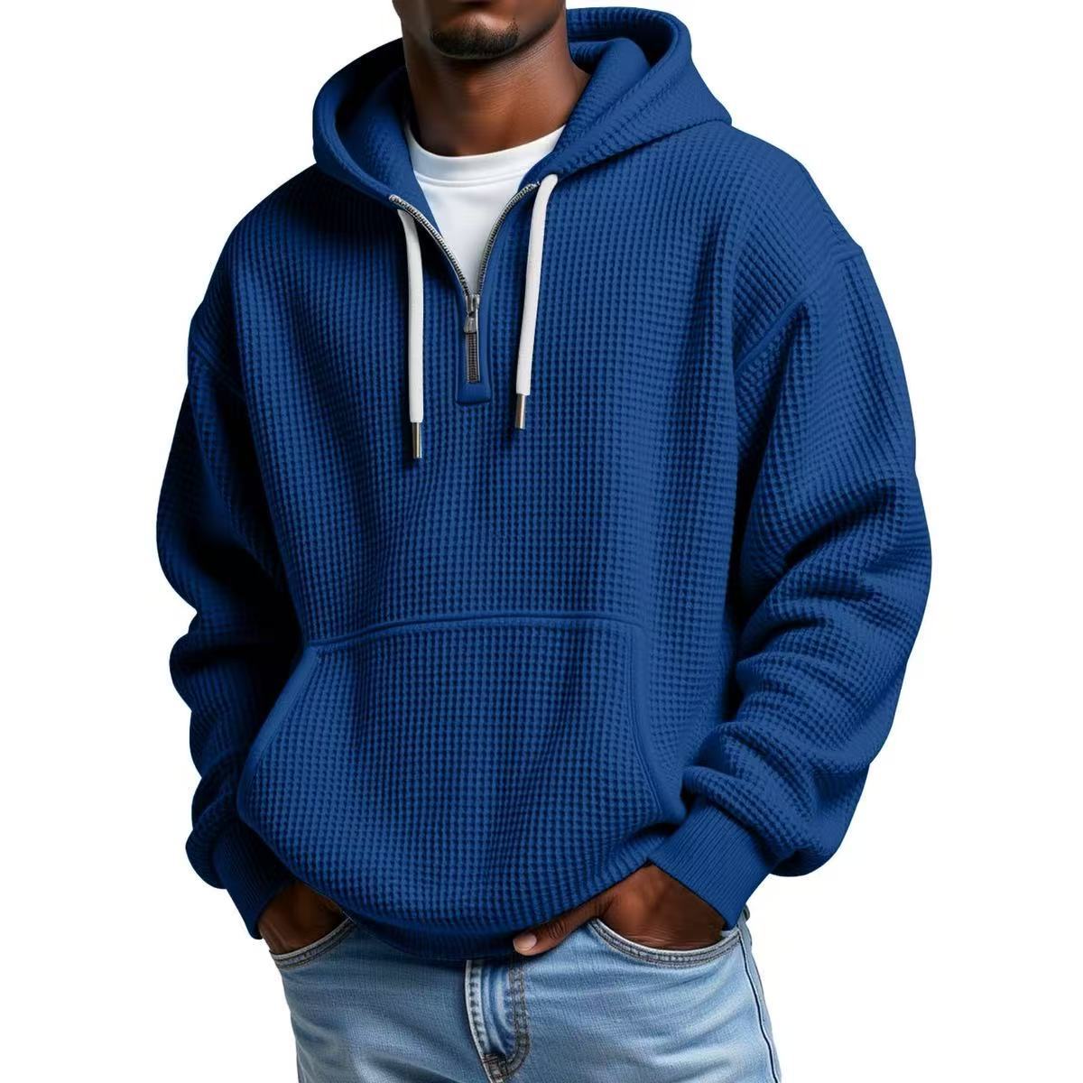 S-5XL Waffley Solid Color Long Sleeve Hooded Sweat