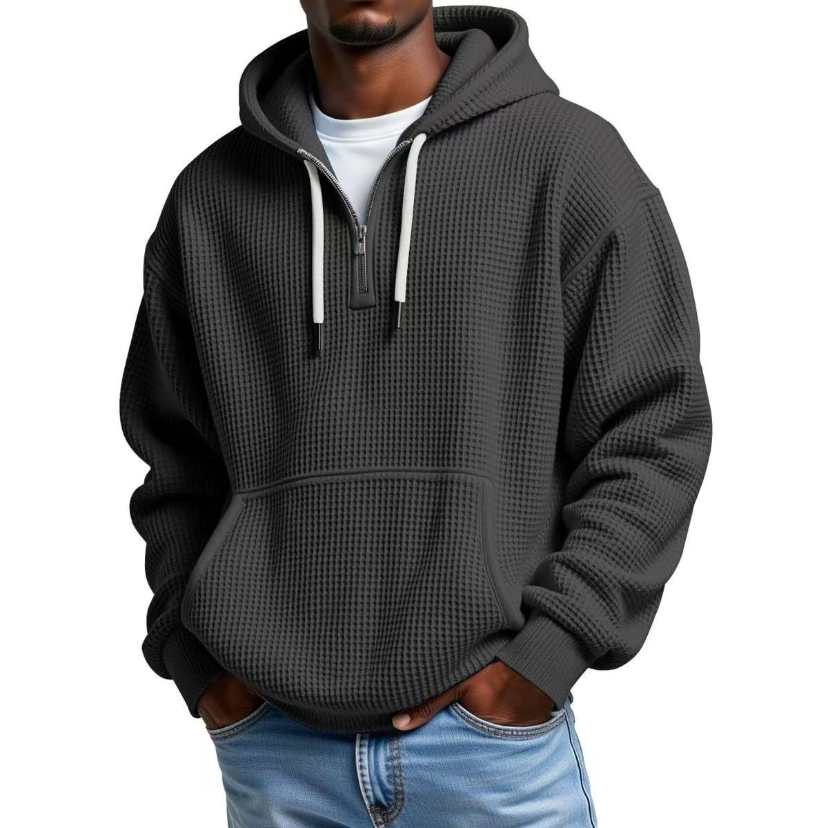 S-5XL Waffley Solid Color Long Sleeve Hooded Sweat