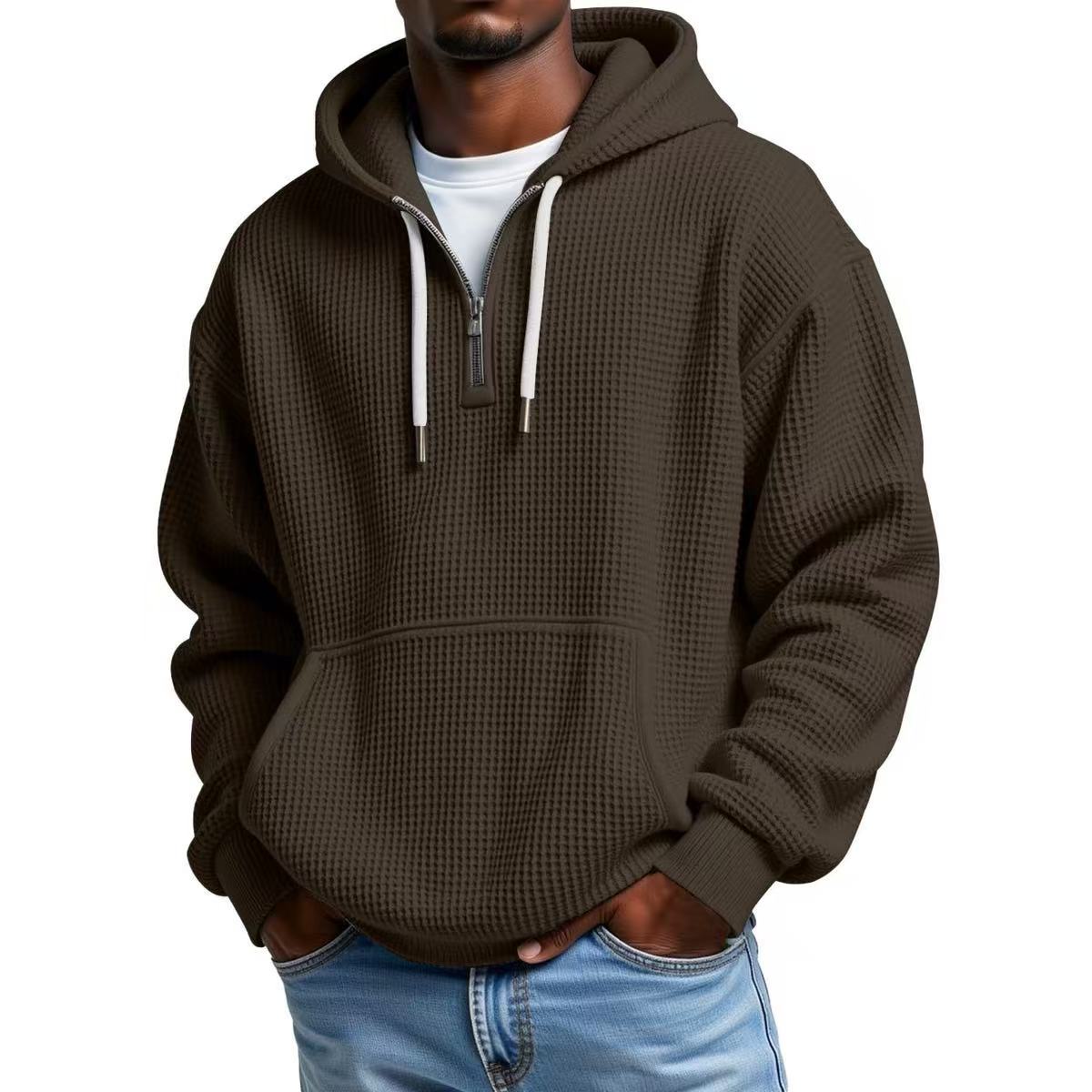 S-5XL Waffley Solid Color Long Sleeve Hooded Sweat