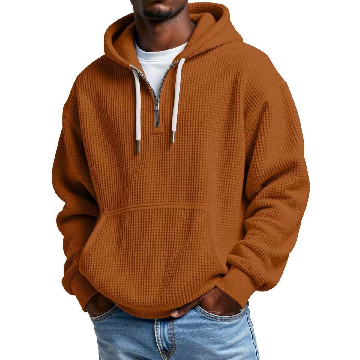 S-5XL Waffley Solid Color Long Sleeve Hooded Sweat