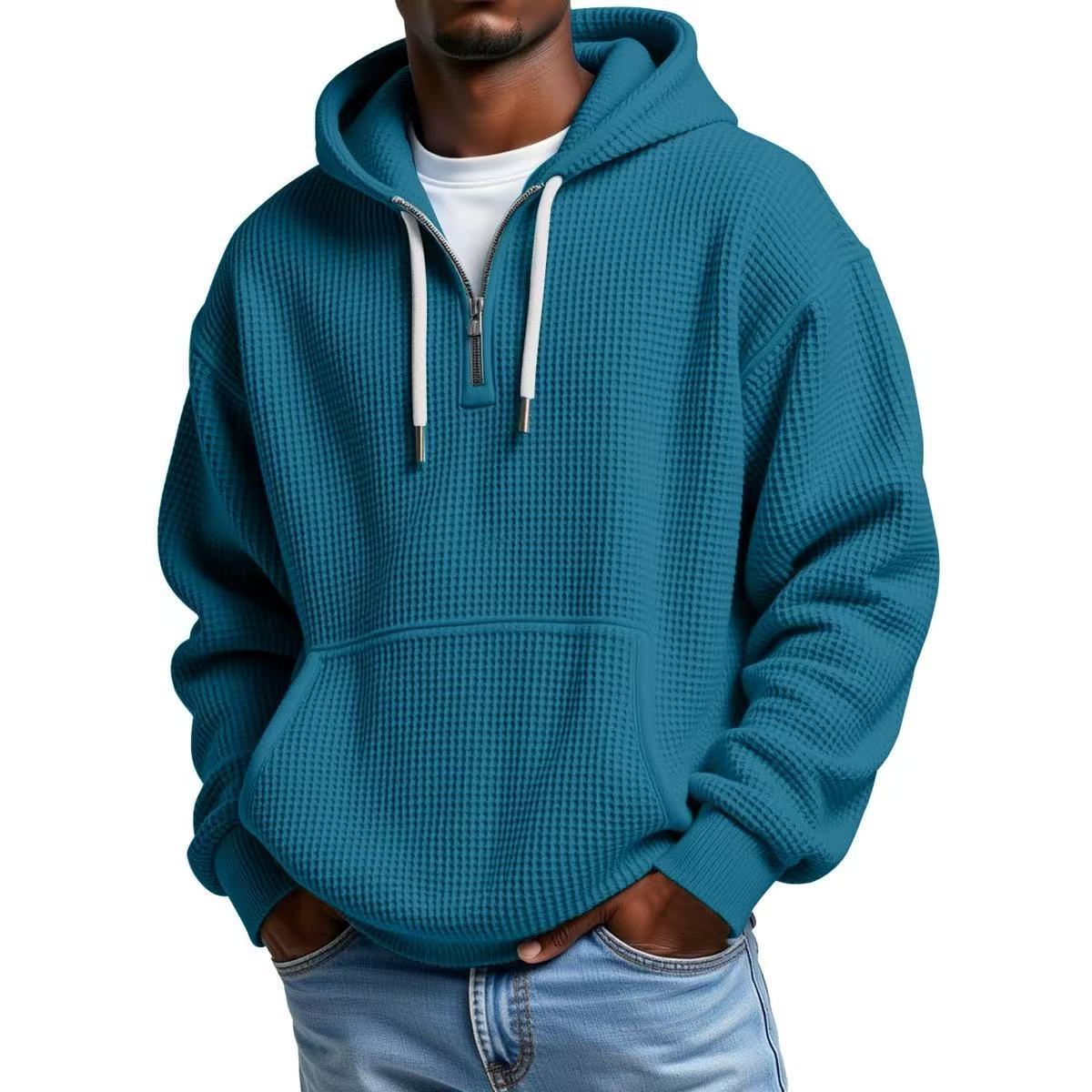 S-5XL Waffley Solid Color Long Sleeve Hooded Sweat