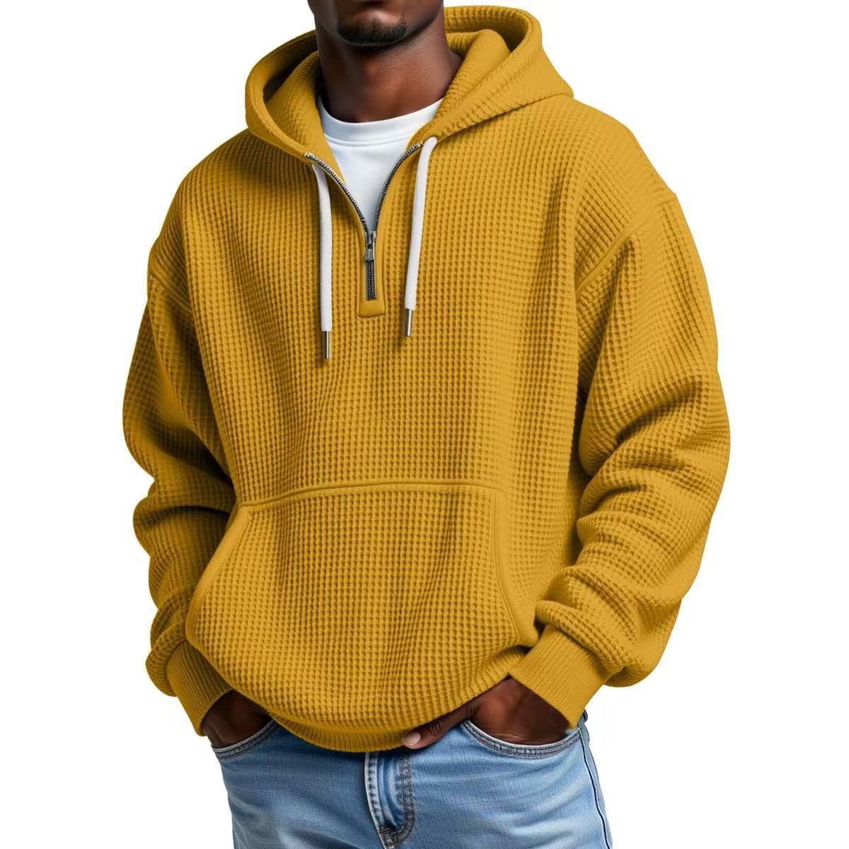 S-5XL Waffley Solid Color Long Sleeve Hooded Sweat