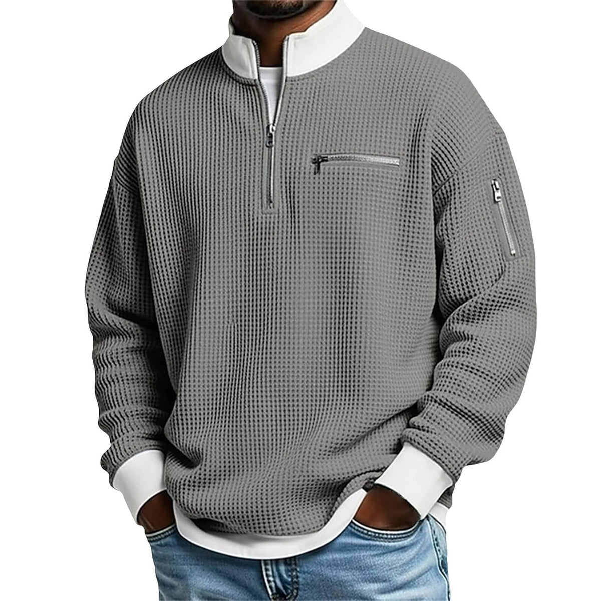 S-5xl Stand Collar Contrast Zip Sweater