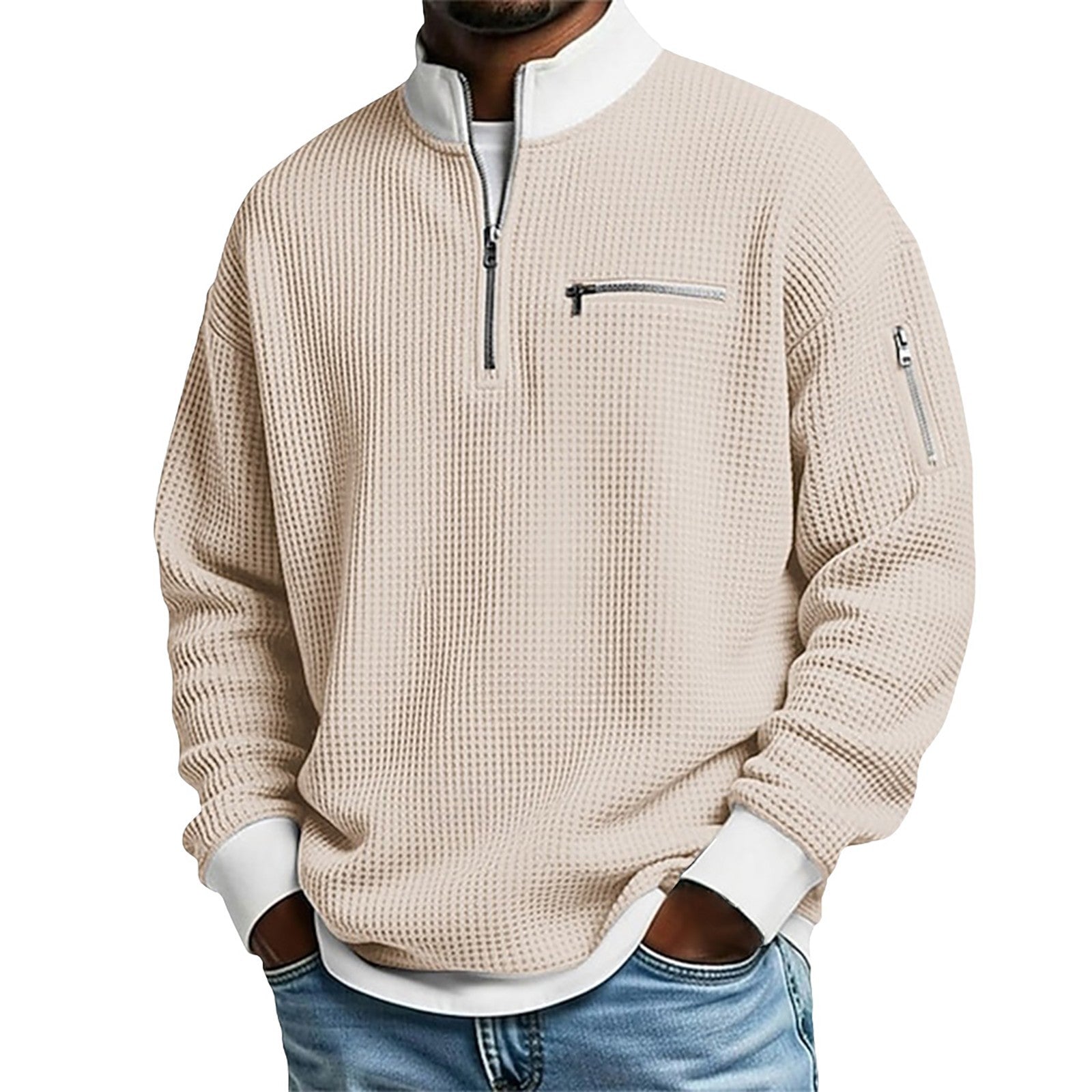 S-5xl Stand Collar Contrast Zip Sweater