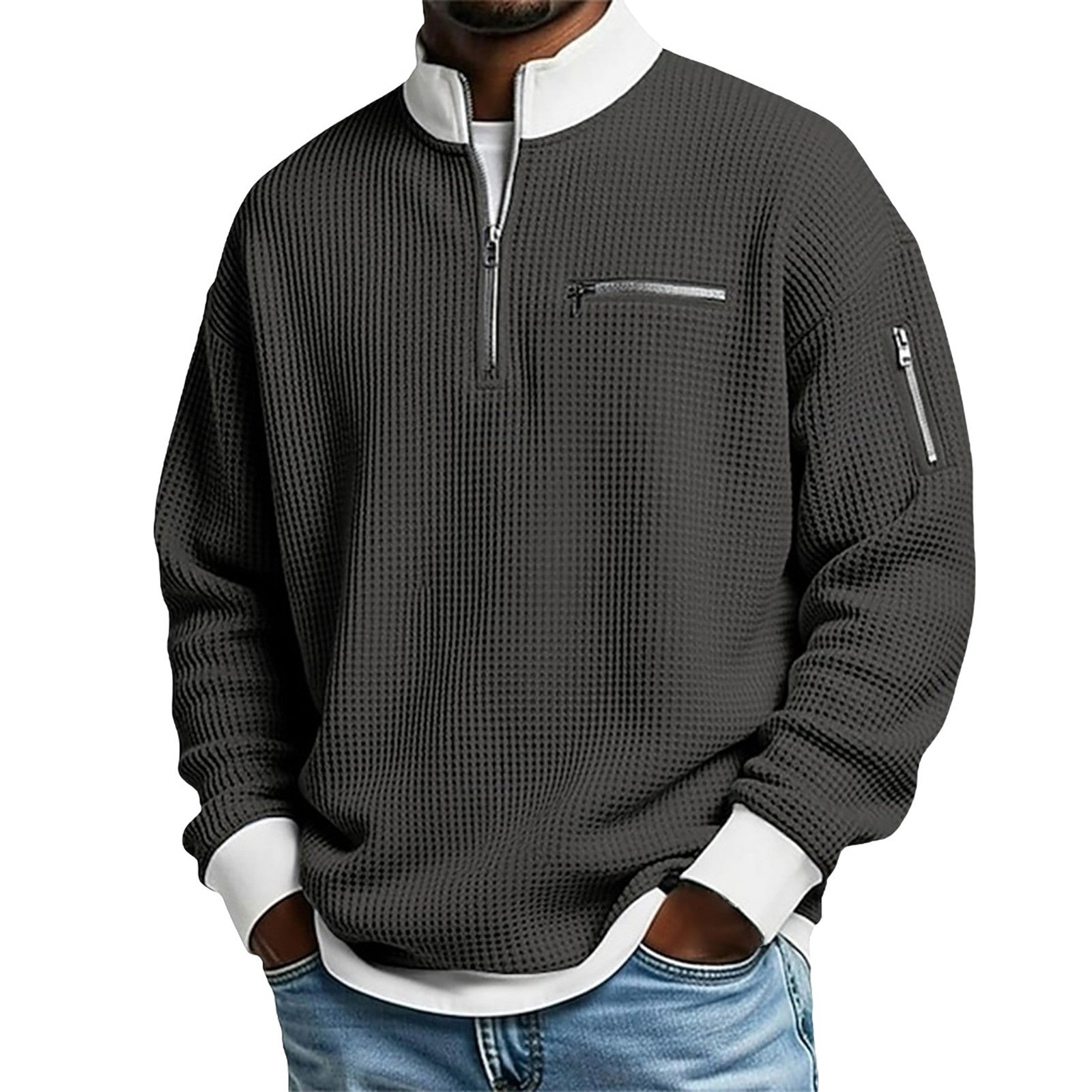S-5xl Stand Collar Contrast Zip Sweater