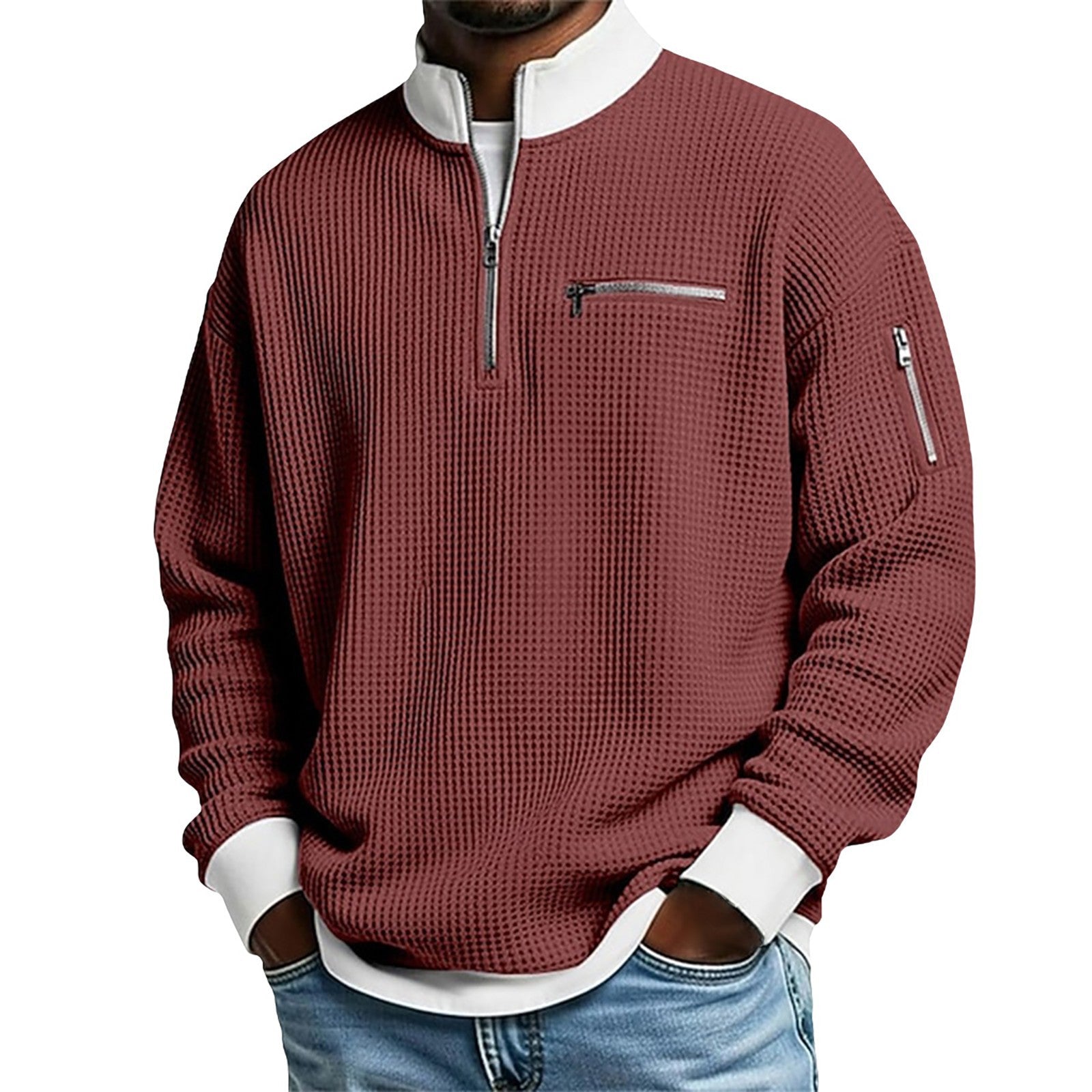 S-5xl Stand Collar Contrast Zip Sweater