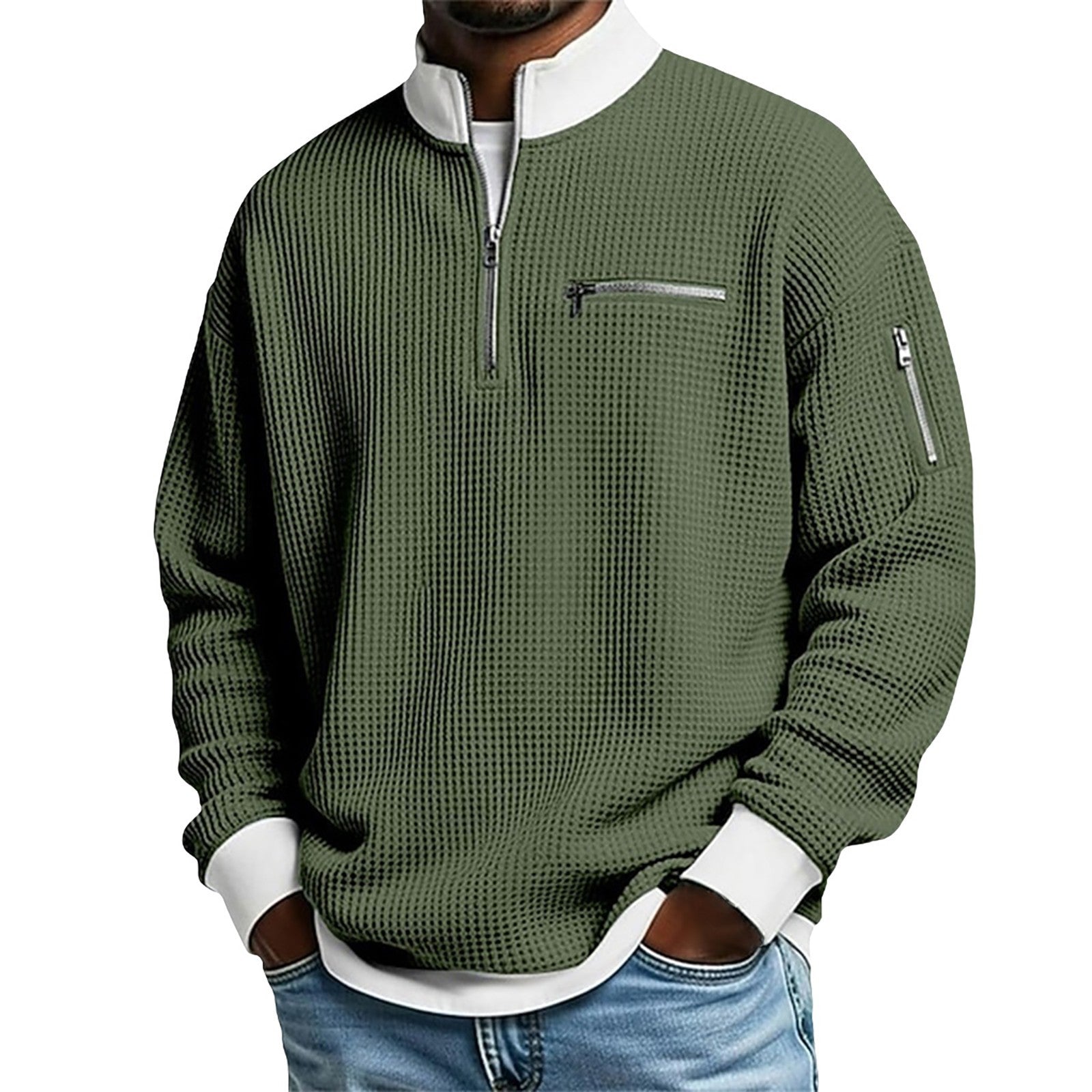 S-5xl Stand Collar Contrast Zip Sweater