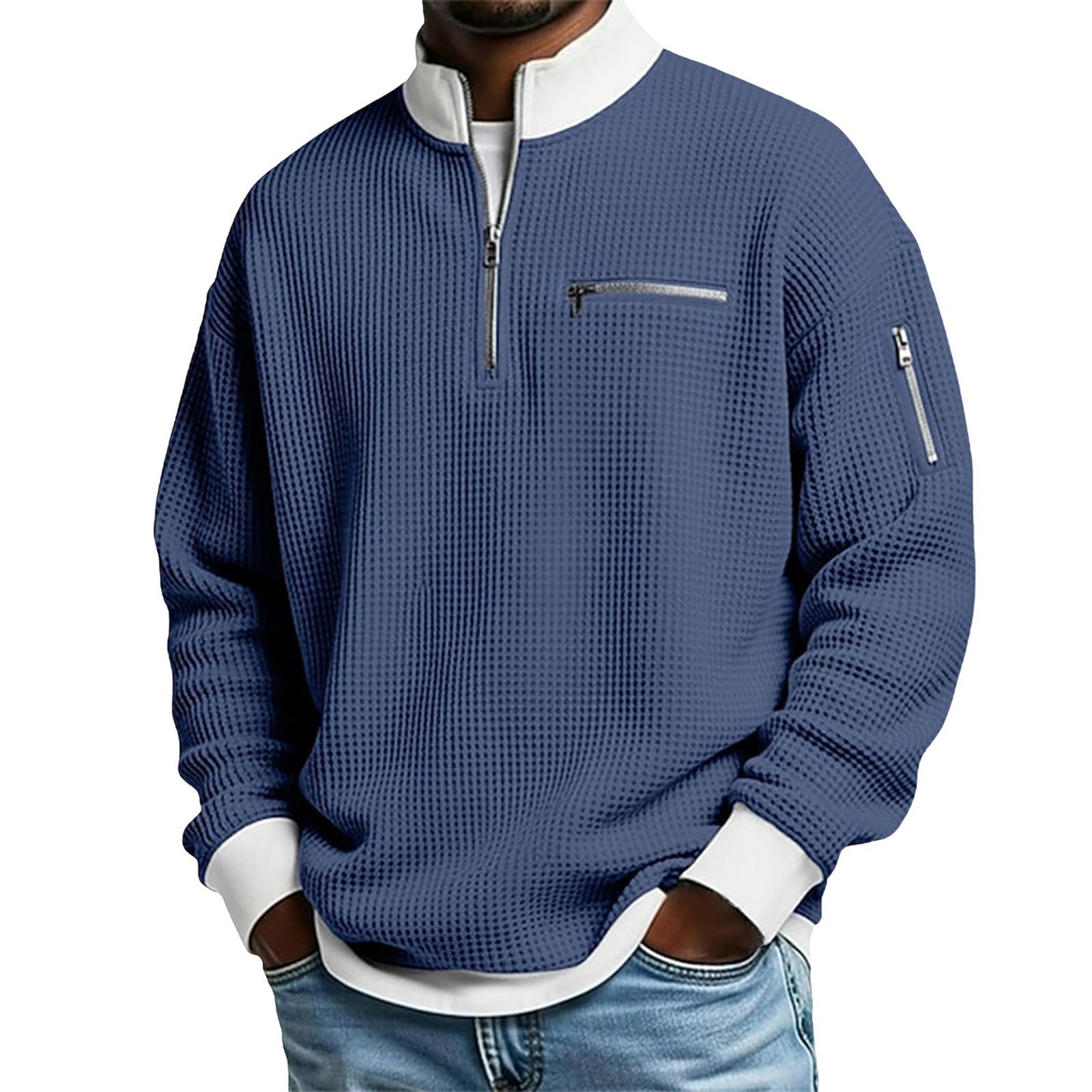 S-5xl Stand Collar Contrast Zip Sweater