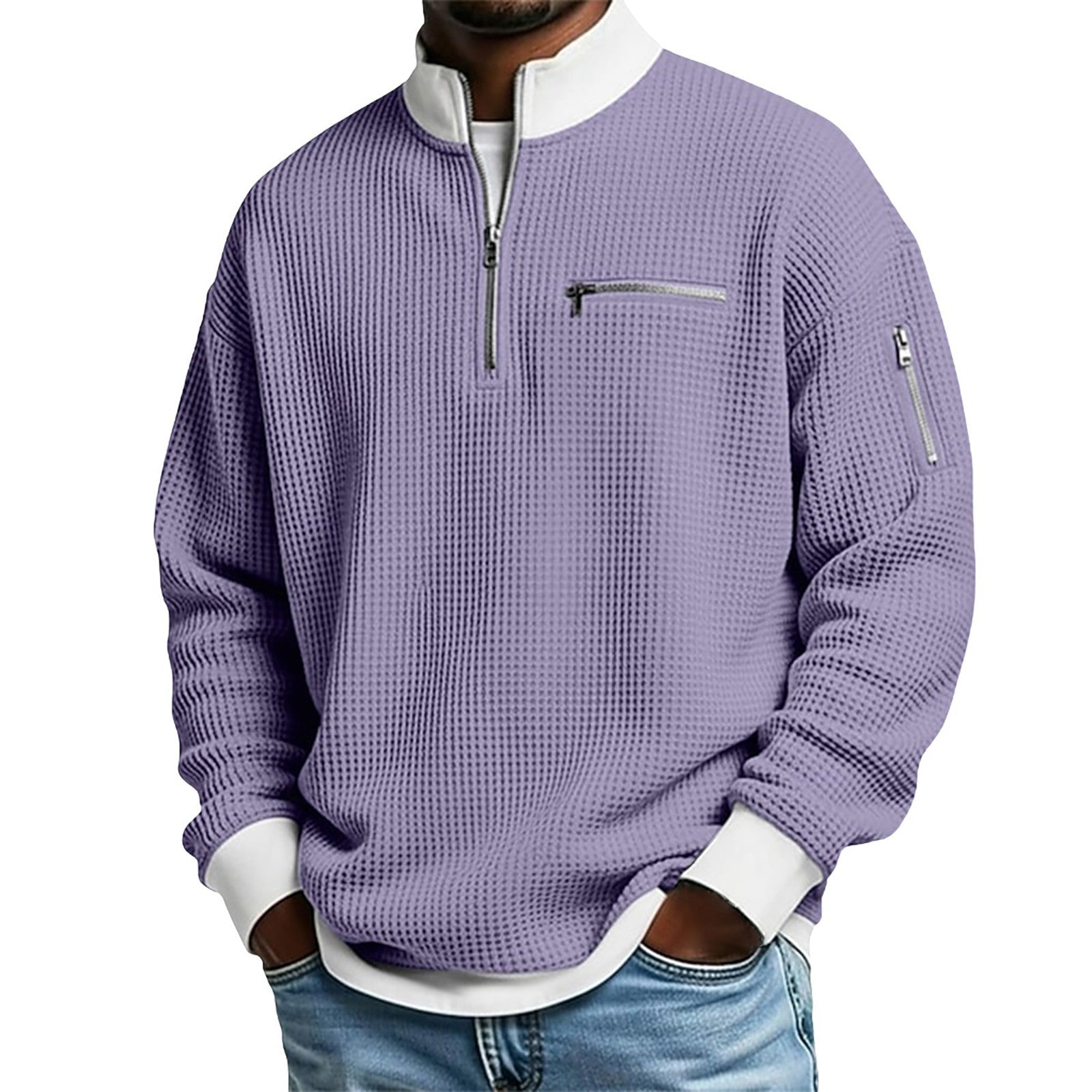 S-5xl Stand Collar Contrast Zip Sweater