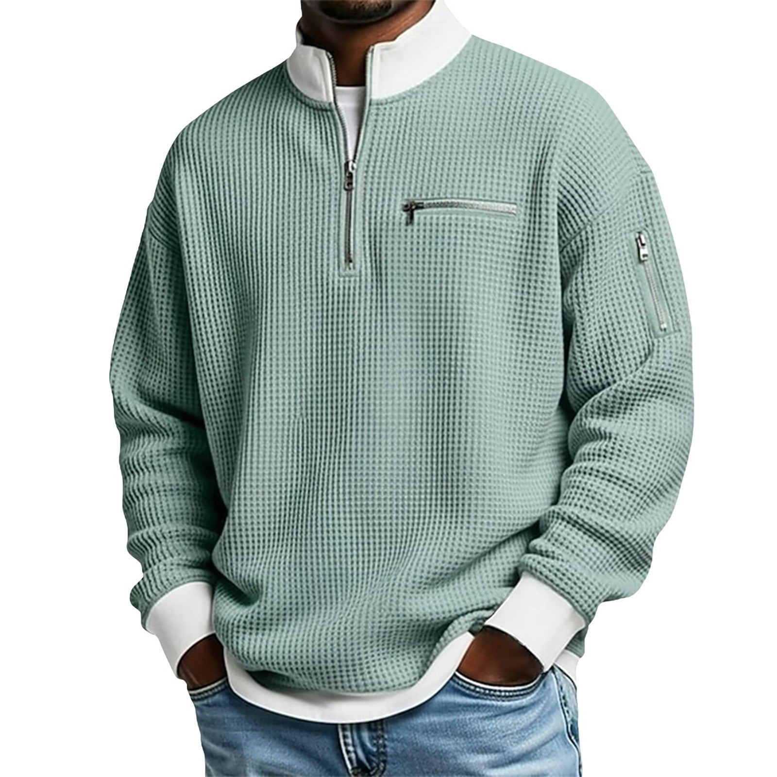 S-5xl Stand Collar Contrast Zip Sweater