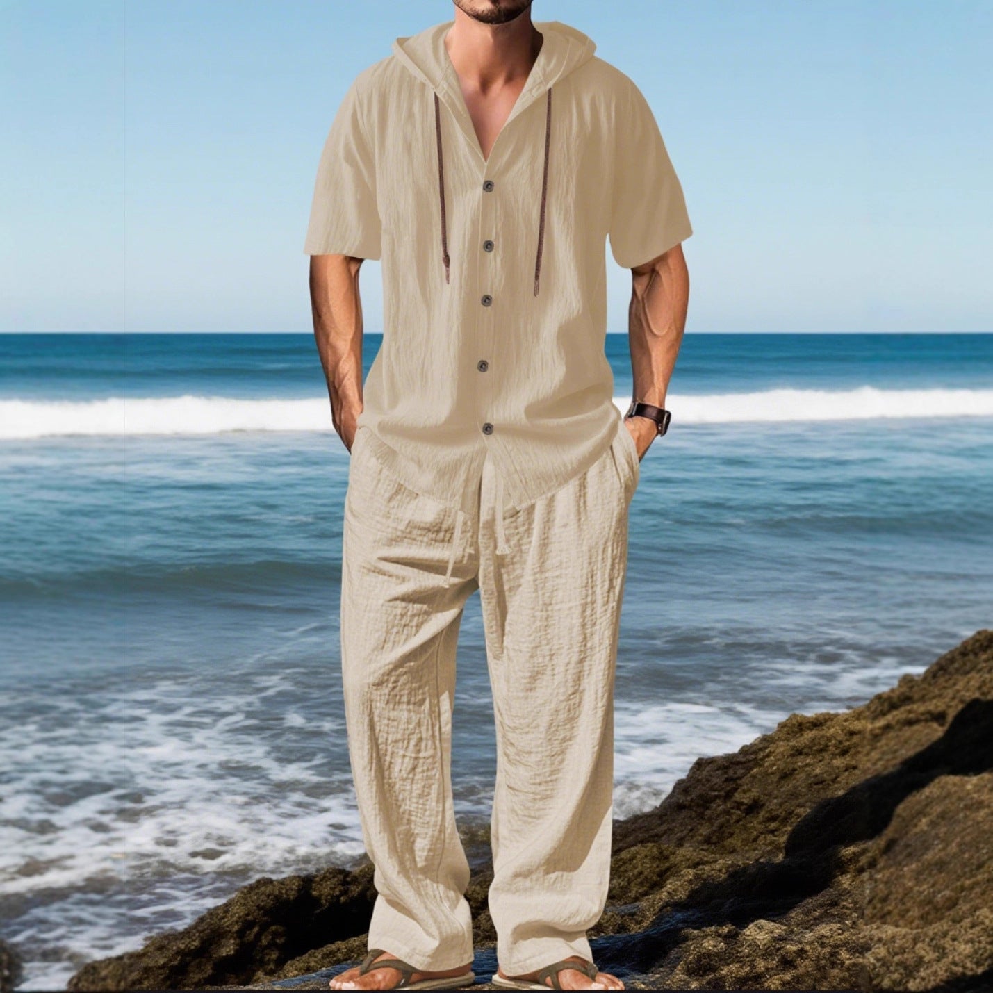 S-3XL Hooded Cotton Linen Long Sleeve Shirt Trousers Set