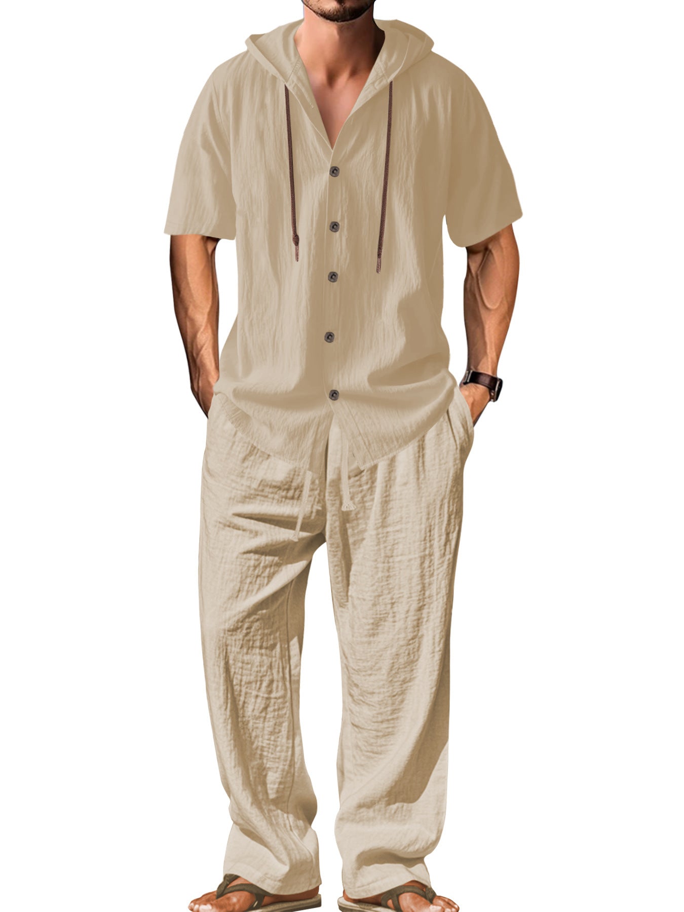 S-3XL Hooded Cotton Linen Long Sleeve Shirt Trousers Set