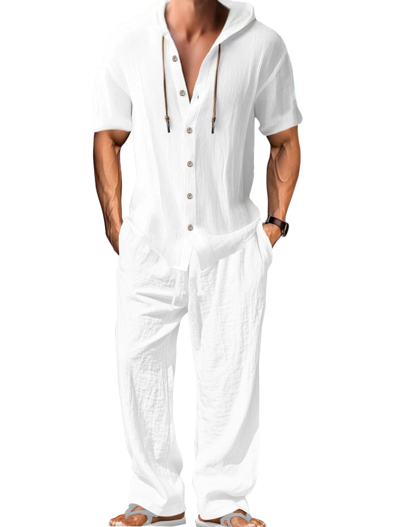 S-3XL Hooded Cotton Linen Long Sleeve Shirt Trousers Set